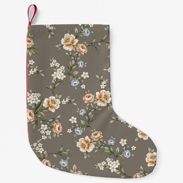 cute flowers with leaves pattern on grey backgroun small christmas stocking (Front)
