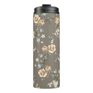 cute flowers with leaves pattern on grey backgroun thermal tumbler