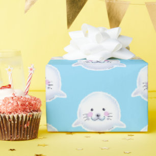 Cute Fluffy Baby Seal Illustration Wrapping Paper