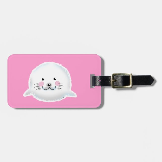 Cute fluffy baby seal luggage tag (Front Horizontal)