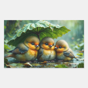 Cute fluffy birds in rain rectangular sticker