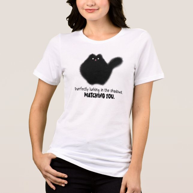 Cute Fluffy Black Cat Funny Kitty Lurking Meme Tee (Front)