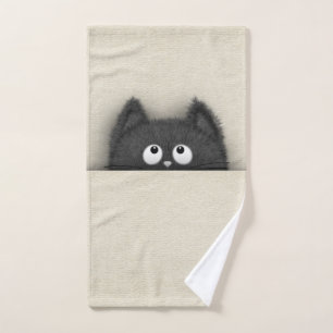 Cute Fluffy Black cat peaking out Bath Towel Set