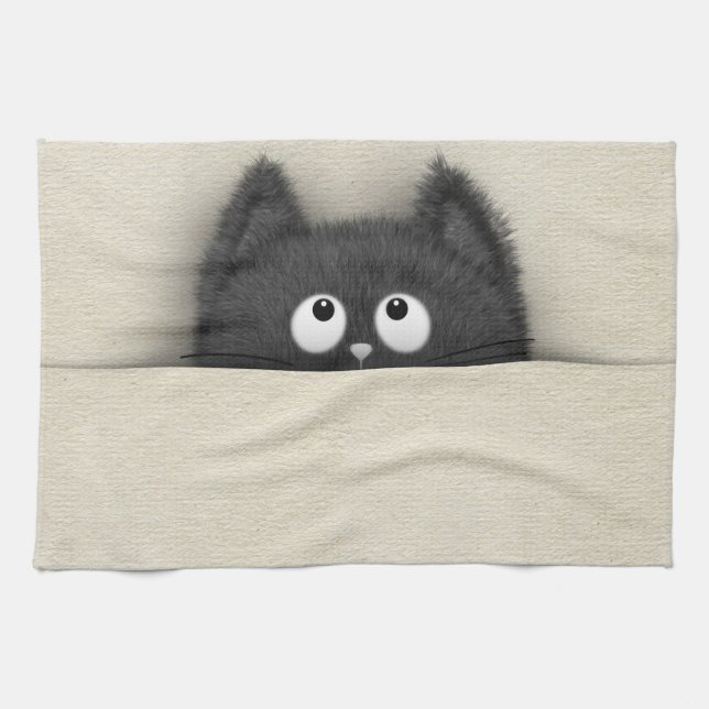 Cute Fluffy Black cat peaking out Tea Towel (Horizontal)
