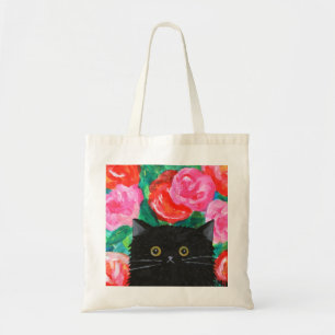 Cute Fluffy Black Cat with Red and pink Roses Tote Bag