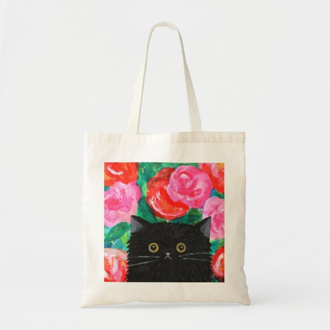 Cute Fluffy Black Cat with Red and pink Roses Tote Bag (Front)