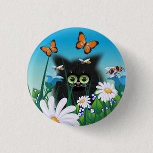 Cute Fluffy Black Kitten and Daisies Art 3 Cm Round Badge
