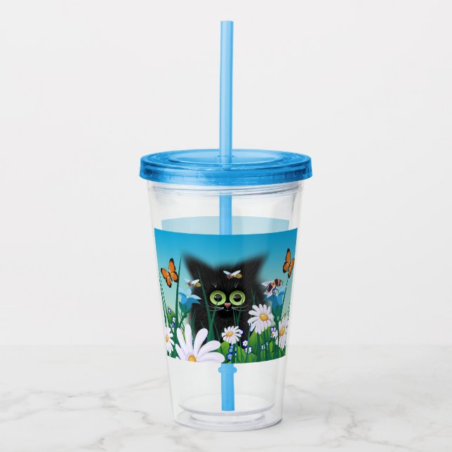 Cute Fluffy Black Kitten and Daisies Art Acrylic Tumbler (Front)
