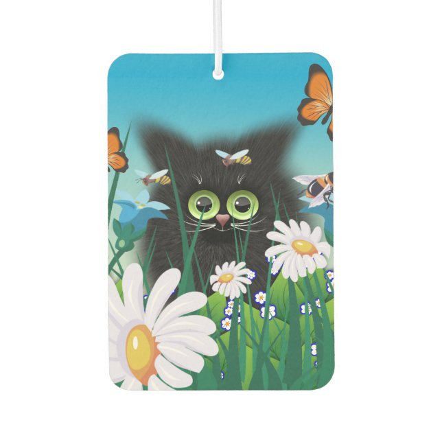 Cute Fluffy Black Kitten and Daisies Art Car Air Freshener (Front)