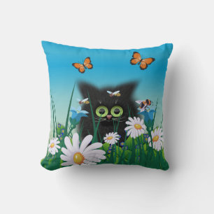 Cute Fluffy Black Kitten and Daisies Art Cushion
