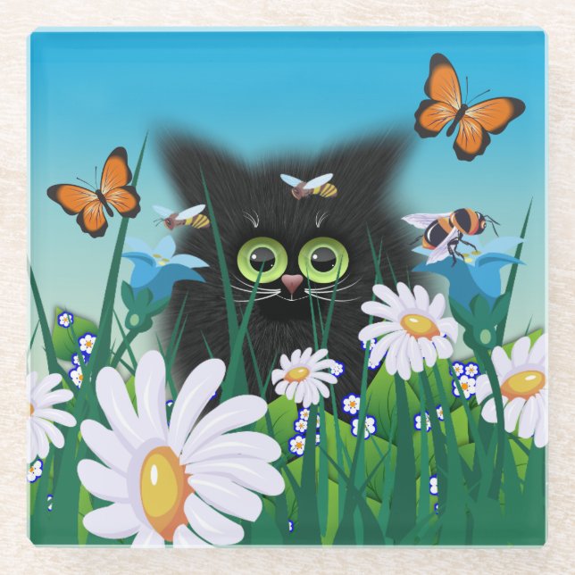 Cute Fluffy Black Kitten and Daisies Art Glass Coaster (Front)