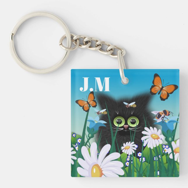 Cute Fluffy Black Kitten and Daisies Art Monogram Key Ring (Front)
