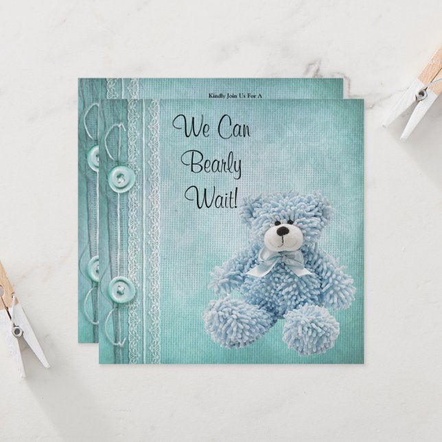 Cute Fluffy Blue Teddy Baby Shower Invitation (Front/Back In Situ)