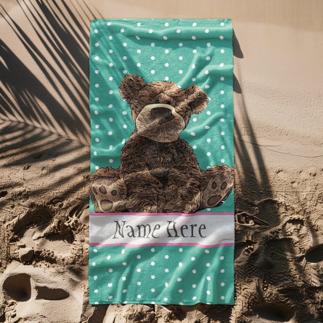Cute Fluffy Brown Bear Animal Wild Name Kids Beach Towel (Cute brown bear kid's beach vacation towel personalized with name)