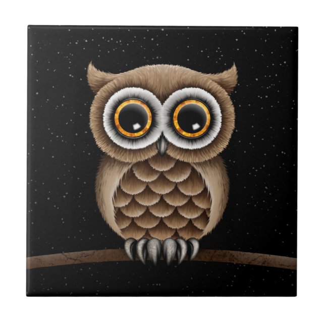 Cute Fluffy Brown Owl on a Branch with Stars Tile (Front)