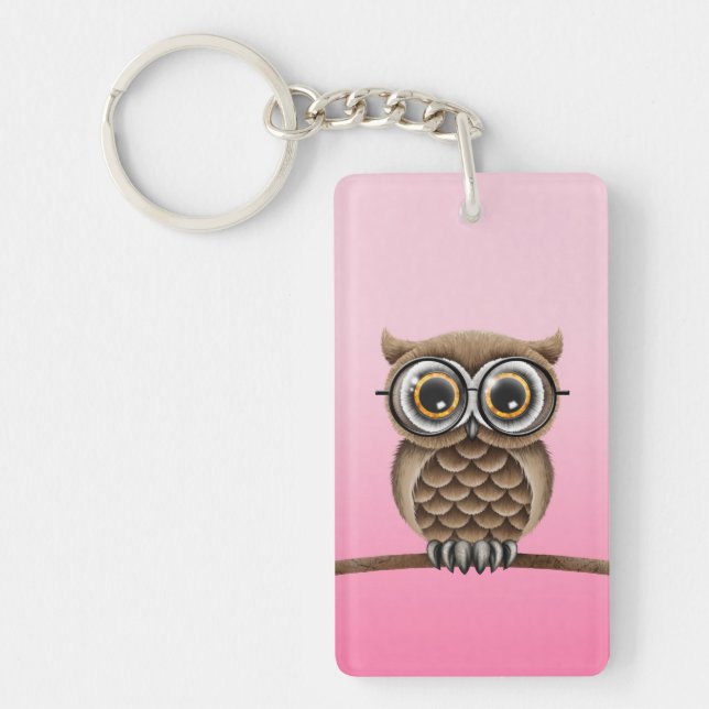 Cute Fluffy Brown Owl with Reading Glasses, Pink Key Ring (Front)