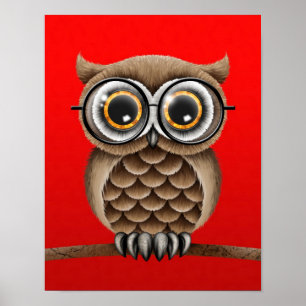 Cute Fluffy Brown Owl with Reading Glasses, Red Poster