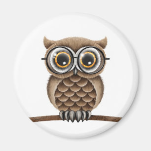 Cute Fluffy Brown Owl with Reading Glasses, White Magnet