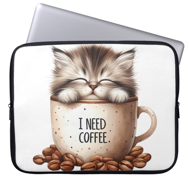 CUTE FLUFFY BROWN TABBY KITTEN IN COFFEE CUP LAPTOP SLEEVE (Front)
