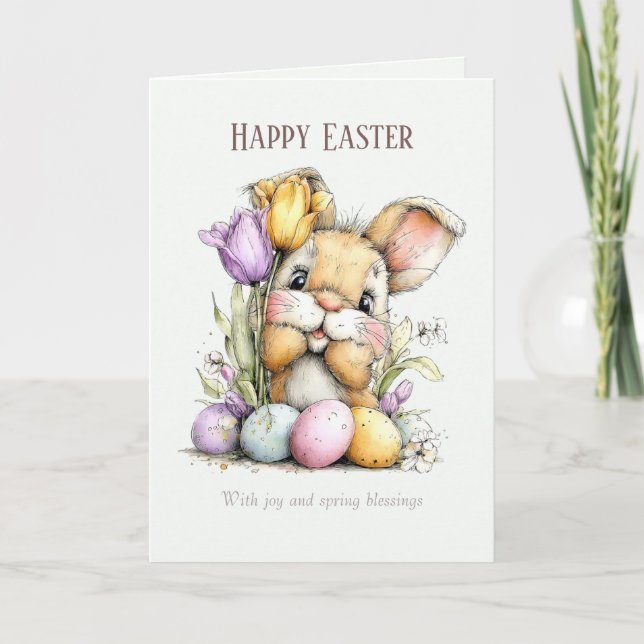 Cute Fluffy Bunny Funny Easter Card, Pastel Blue Holiday Card (Front)