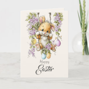 Cute Fluffy Bunny Watercolor Easter Card Pink Ears