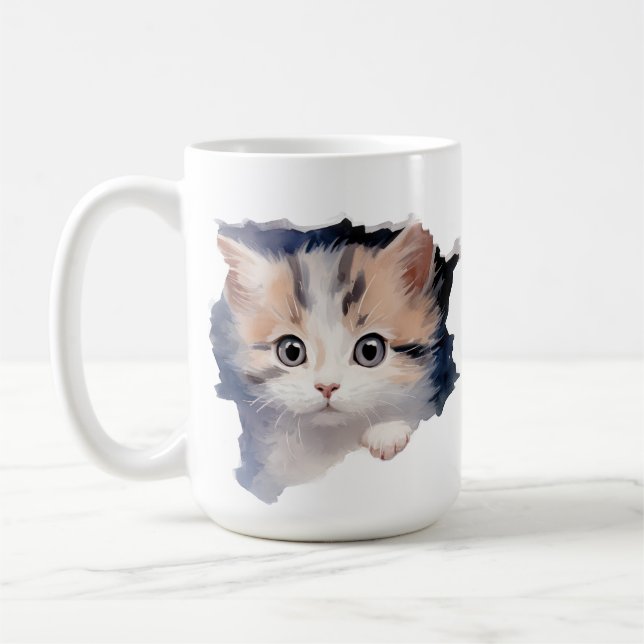 CUTE FLUFFY CALICO KITTEN FACE COFFEE MUG (Left)
