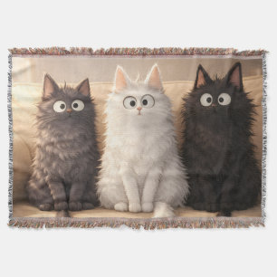 Cute Fluffy Cartoon Cats Gray White & Black  Throw Blanket