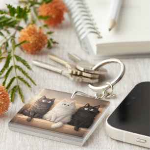 Cute Fluffy Cartoon Cats Whimsical Pet Accessory  Key Ring