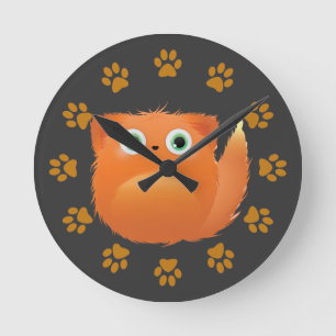 Cute Fluffy Cartoon Fox Round Clock