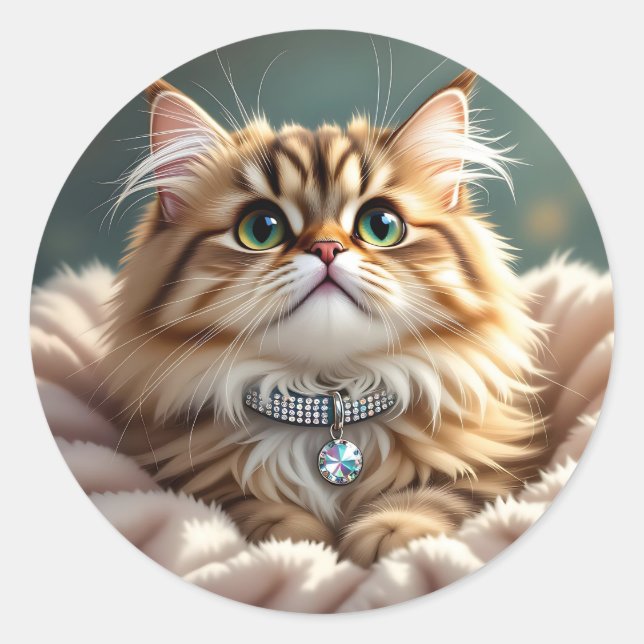 Cute Fluffy Cat | Blank Classic Round Sticker (Front)
