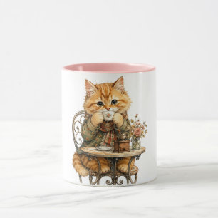 Cute Fluffy Cat Drinking Coffee Vintage Watercolor Mug