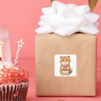 Cute Fluffy Cat Holding Pink Doughnut Cartoon Square Sticker