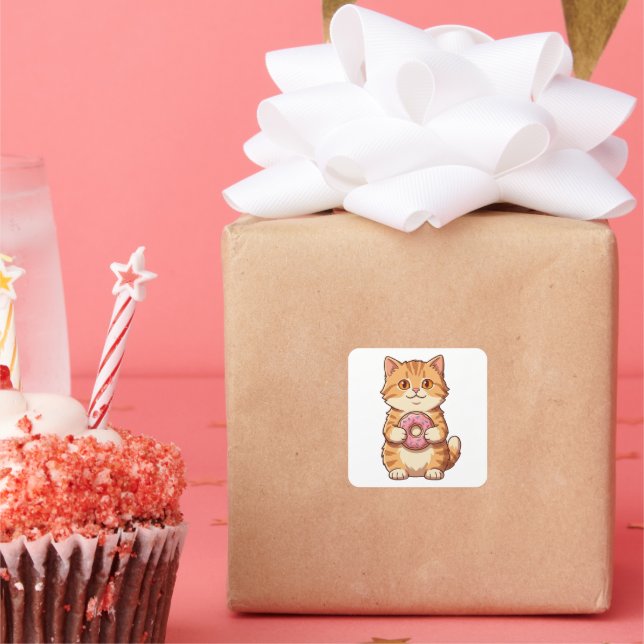 Cute Fluffy Cat Holding Pink Doughnut Cartoon Square Sticker (Party)