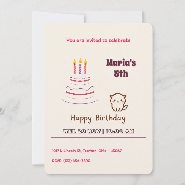 Cute Fluffy Cat with Birthday Cake  Invitation (Front)