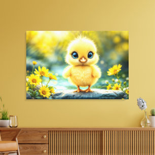 Cute fluffy chick with big eyes standing on a rock canvas print