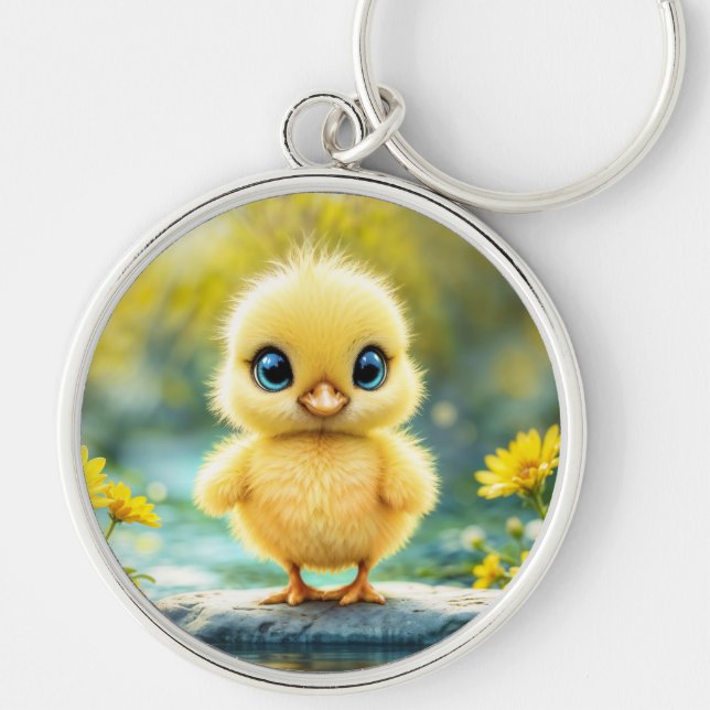 Cute fluffy chick with big eyes standing on a rock key ring (Front)