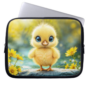 Cute fluffy chick with big eyes standing on a rock laptop sleeve