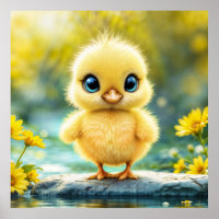 Cute fluffy chick with big eyes standing on a rock