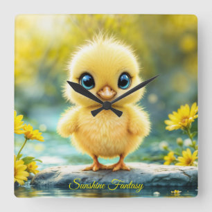 Cute fluffy chick with big eyes standing on a rock square wall clock