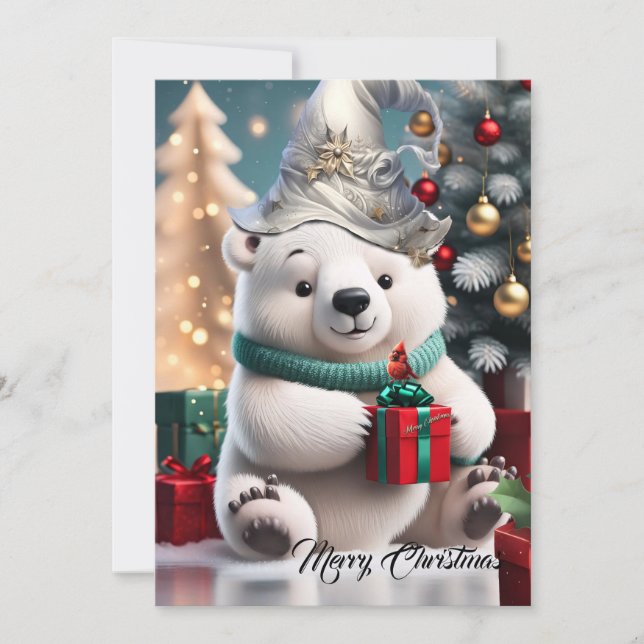 Cute fluffy christmas polar bear  with gift.  holiday card (Front)