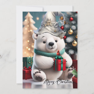 Cute fluffy christmas polar bear  with gift.  holiday card