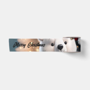 Cute fluffy christmas polar bear  with gift. satin ribbon