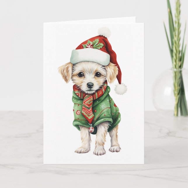 Cute Fluffy Christmas Puppy, Hat, Scarf BLANK  Holiday Card (Front)