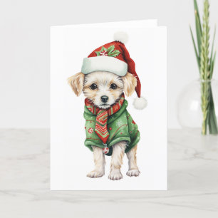 Cute Fluffy Christmas Puppy, Hat, Scarf BLANK  Holiday Card