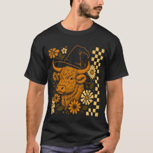Cute Fluffy Cow Halloween Flower Chequered Retro T-Shirt