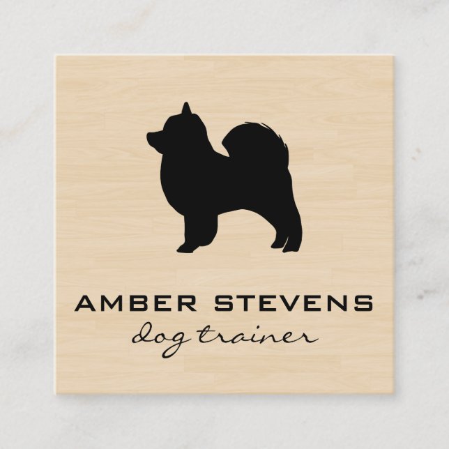 Cute Fluffy Dog Trainer (wood grain) Square Business Card (Front)