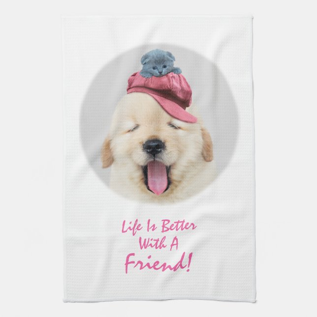 Cute Fluffy Dog with a Cat on His Head Personalise Tea Towel (Vertical)