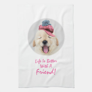 Cute Fluffy Dog with a Cat on His Head Personalise Tea Towel
