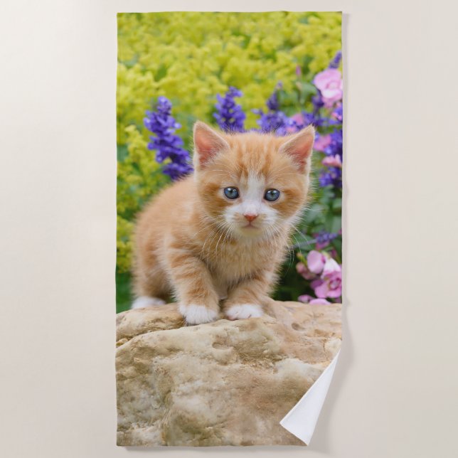 Cute Fluffy Ginger Baby Cat Kitten Flowers - Beach Towel (Front)