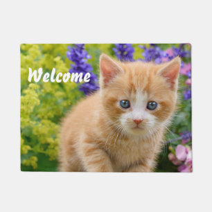 Cute Fluffy Ginger Cat Kitten in Flowers - Welcome Doormat